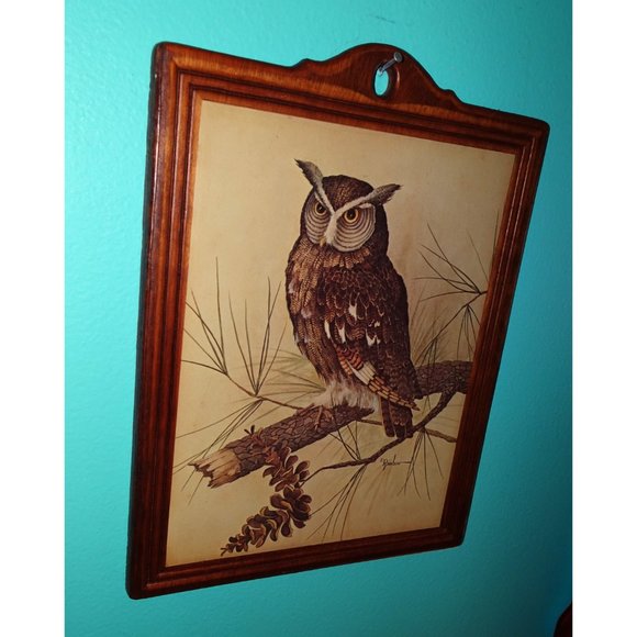 Vintage E Rambow Great Horned Owl Art on Wood Wall Hanging bird of prey plaque - Picture 8 of 10